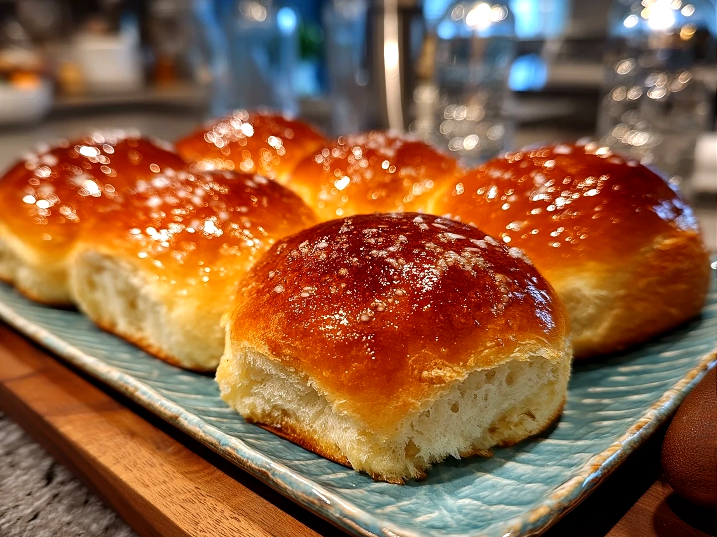 Slight angled close-up of finished Japanese Milk Bread Rolls showing soft, golden crust