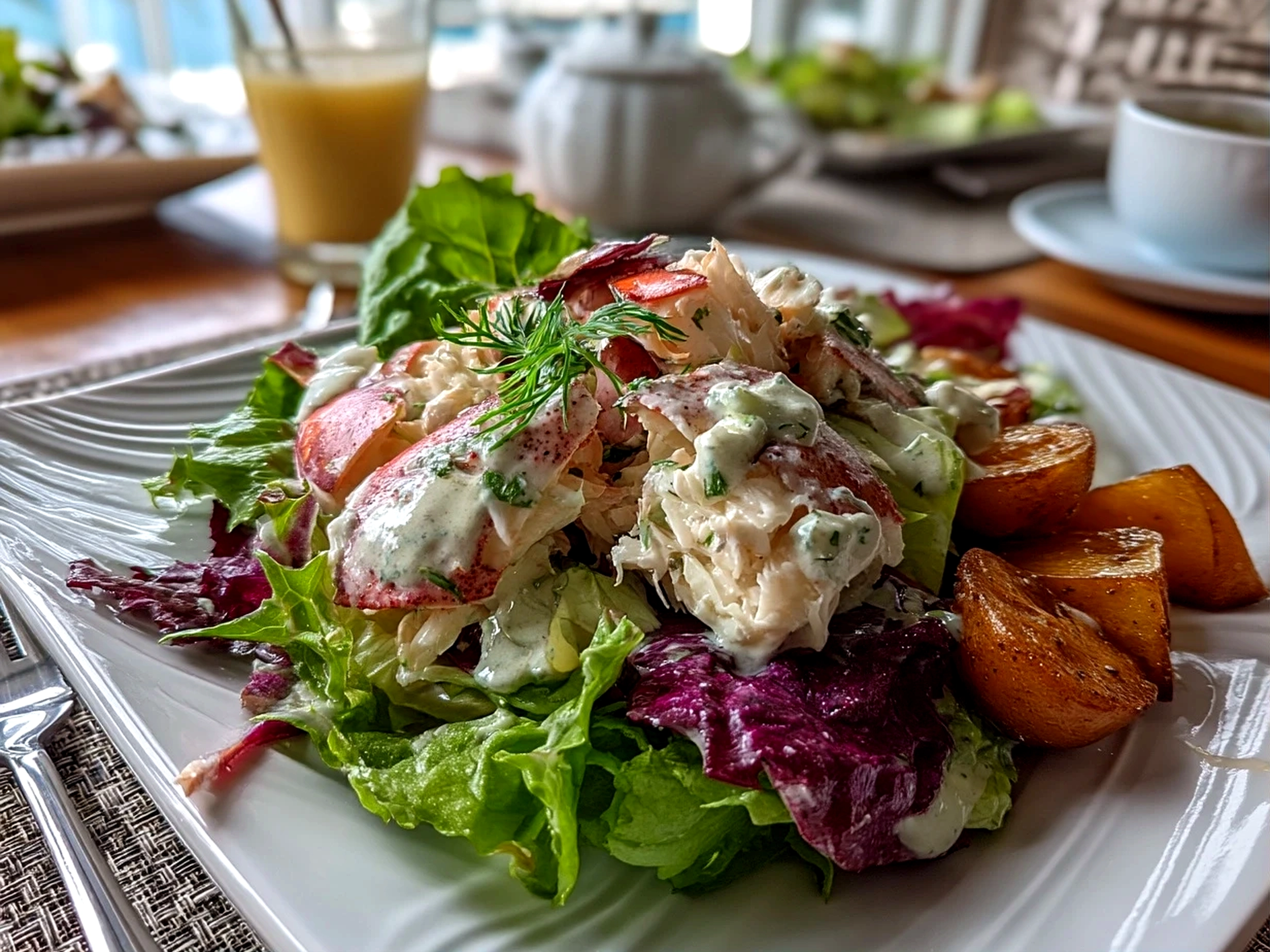 Slight angle close-up of finished Paleo Crab Louie salad