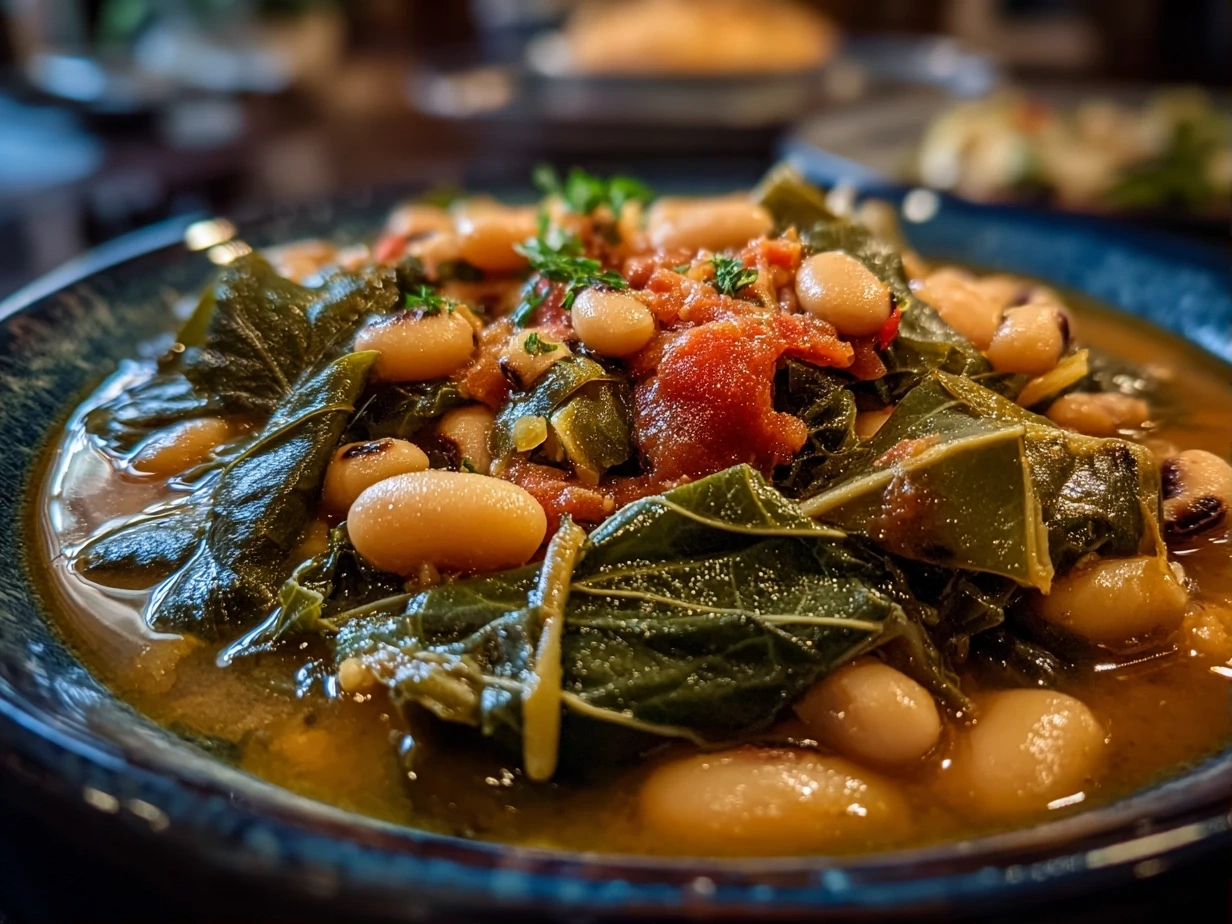 Slight angle close up of finished Southern Black-Eyed Peas with Collard Greens served in a bowl