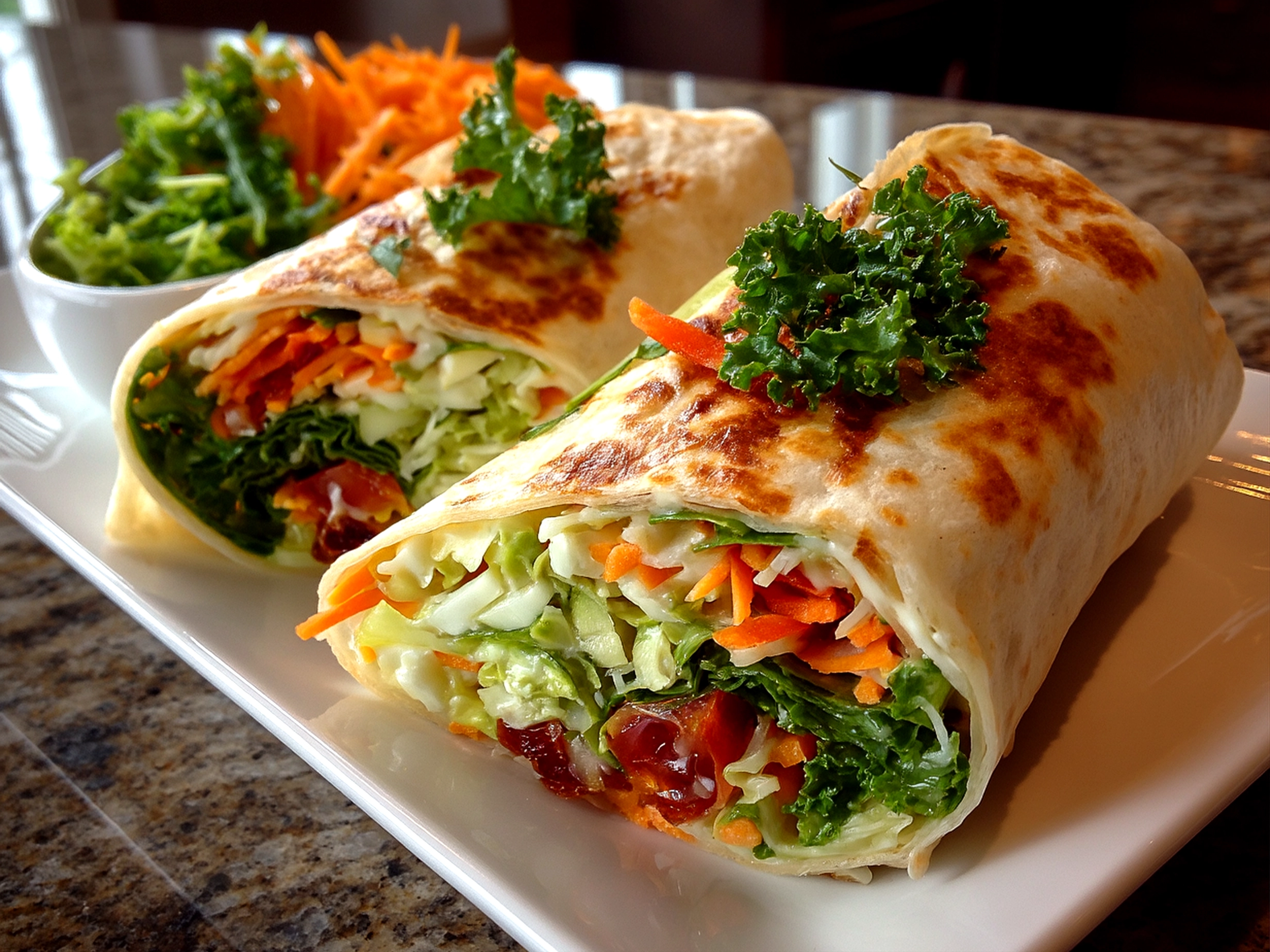 Slight angle close up of a finished veggie wrap served on bright plate