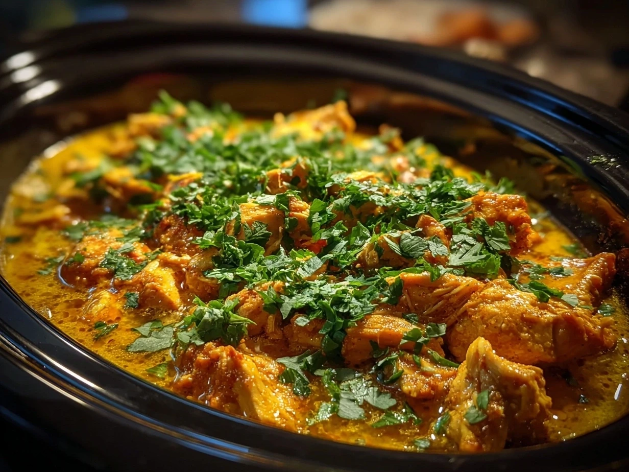 Slow Cooker Chicken Korma served with basmati rice and garnished with fresh cilantro and almonds