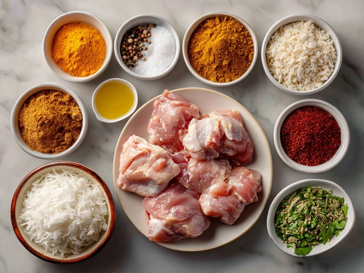 Ingredients for Slow Cooker Chicken Korma recipe including chicken thighs, spices, onions, and yogurt