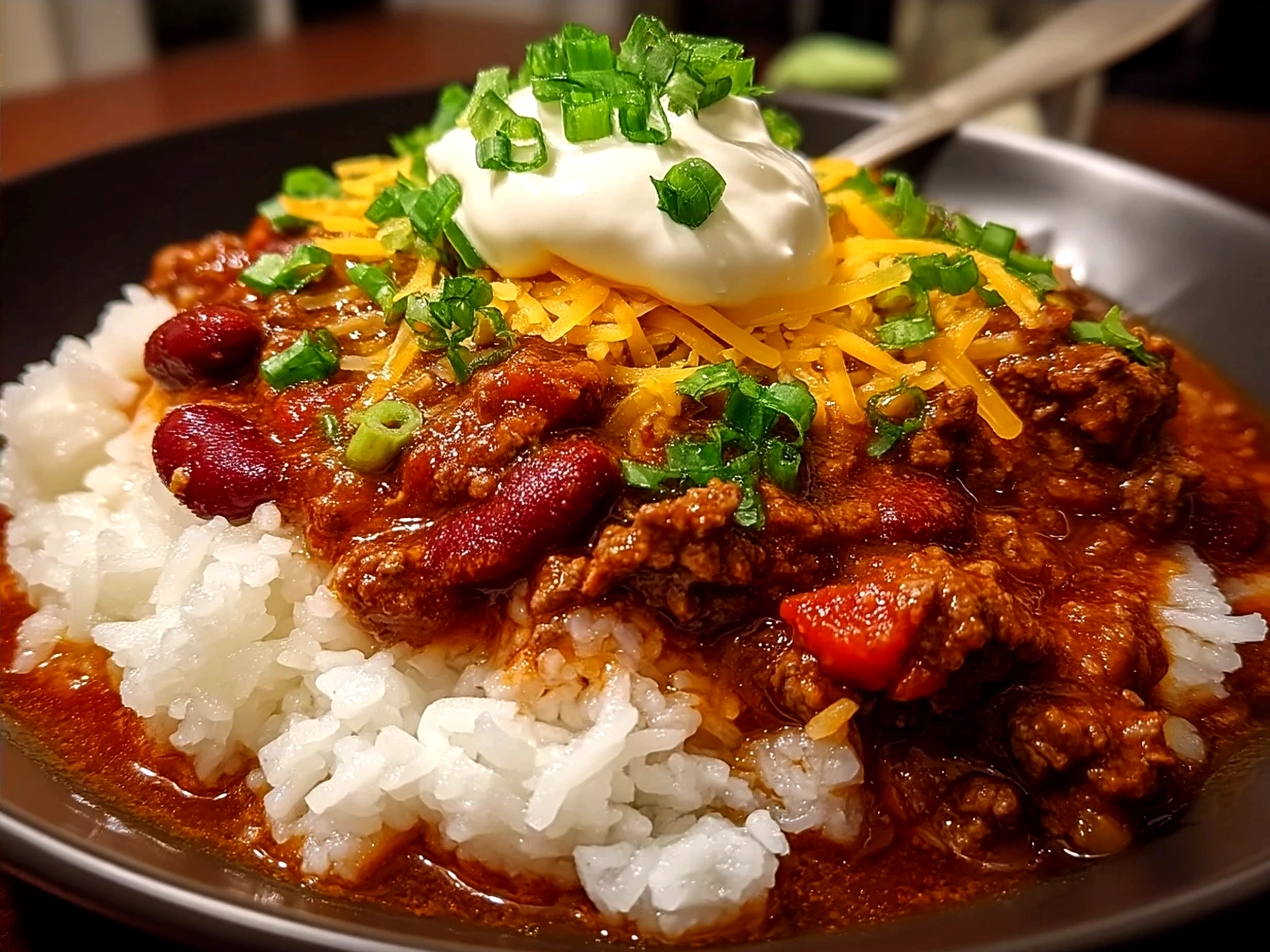 Bowl of slow cooker chili served with toppings and cornbread