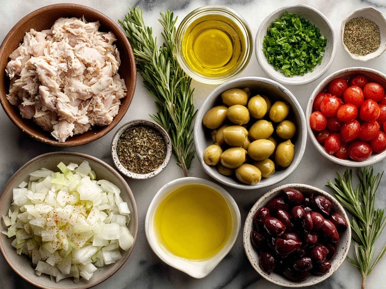Ingredients for Slow Cooker Greek Chicken recipe including chicken thighs, garlic, lemons, olive oil, oregano, thyme, Kalamata olives and red onion