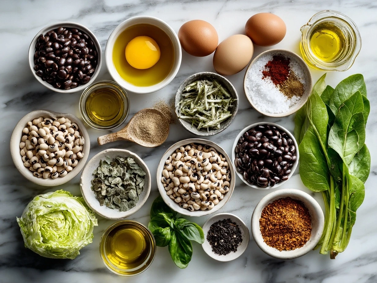 Ingredients for Southern-Style Black-Eyed Peas including dried peas, onion, garlic, smoked ham hock, and spices