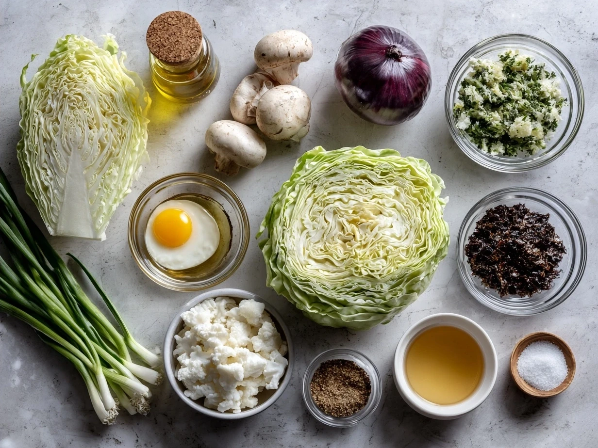 Ingredients for Southern Fried Cabbage: cabbage, bacon, onion, garlic, spices, and broth