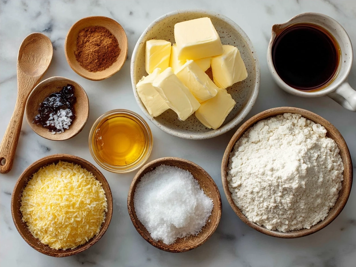Ingredients for Southern Honey Butter Cornbread Poppers including cornmeal, flour, sugar, butter, eggs, buttermilk and honey