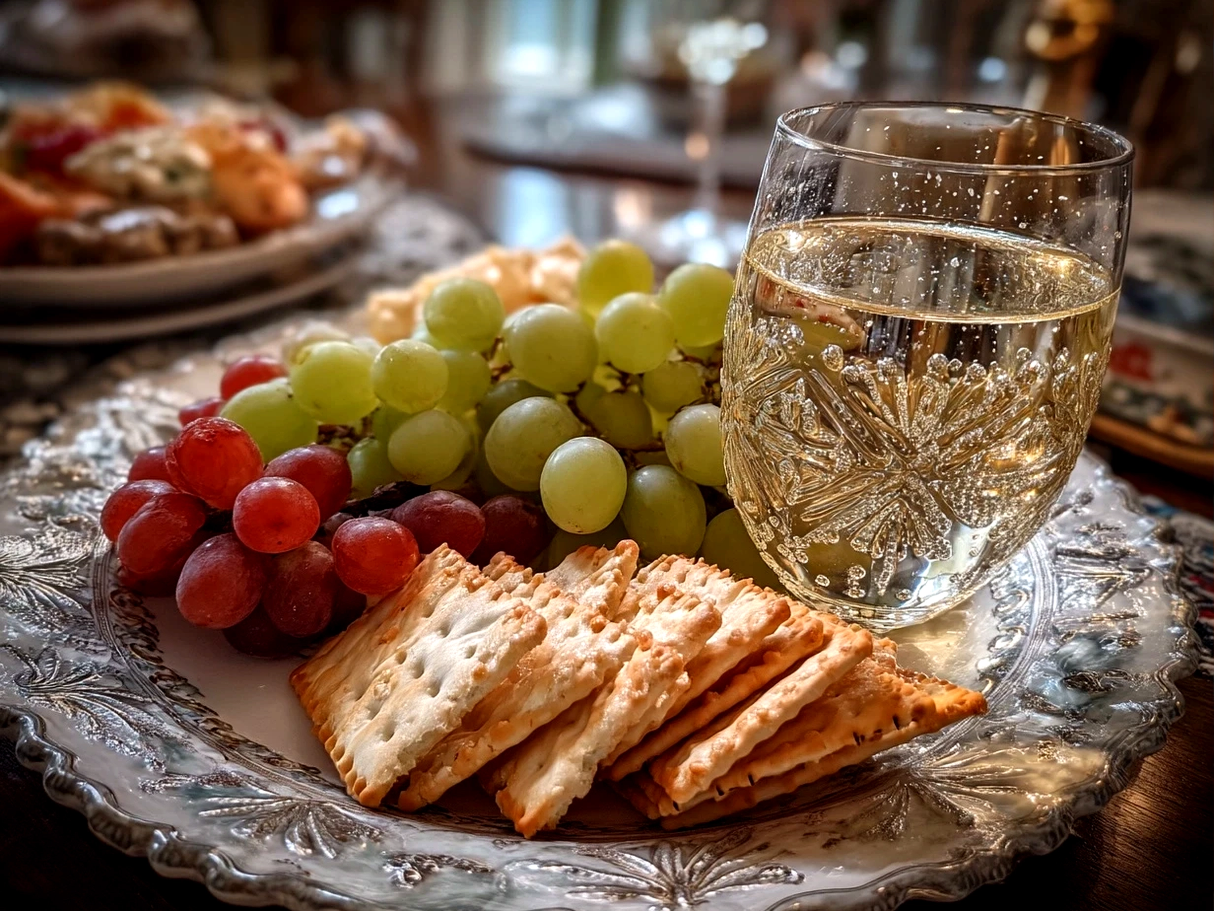 Serving Sparkling Grape and Silver Cracker Platter decorated with fresh rosemary and almonds