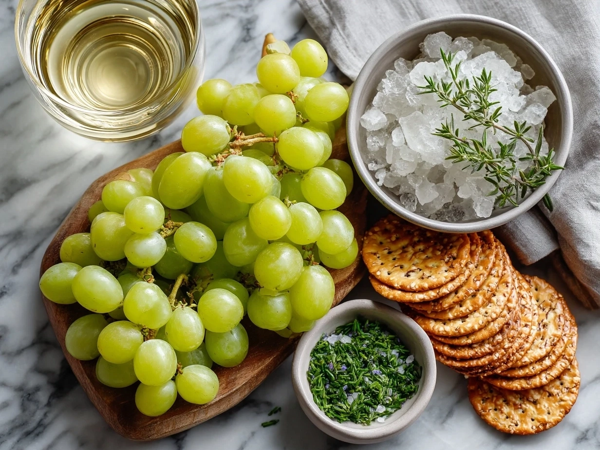 Ingredients for Sparkling Grape and Silver Cracker Platter including grapes, silver crackers, cream cheese, honey, rosemary, and almonds