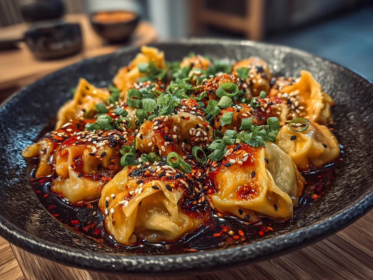 Spicy Wontons in Chilli Sauce served on a plate garnished with sliced green onions and sesame seeds