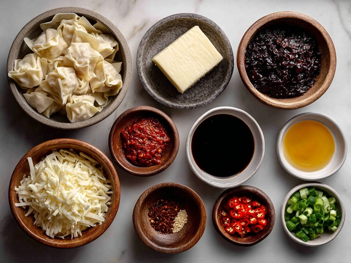 Ingredients for Spicy Wontons in Chilli Sauce including wonton wrappers, ground pork, green onions, garlic and chili oil