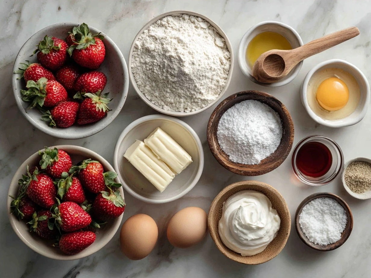 Ingredients for Strawberry Cream Cake Roll including eggs, sugar, vanilla, flour, baking powder, salt, heavy cream, powdered sugar, lemon juice, and fresh sliced strawberries