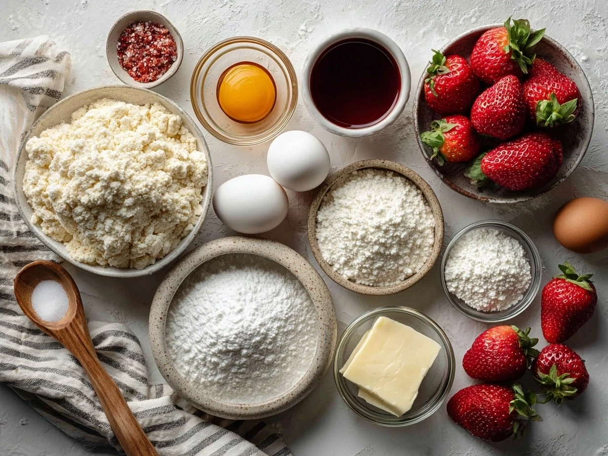 Ingredients for making Strawberry Crunch Cookies including butter, sugar, eggs, flour, freeze-dried strawberries, and golden Oreos.