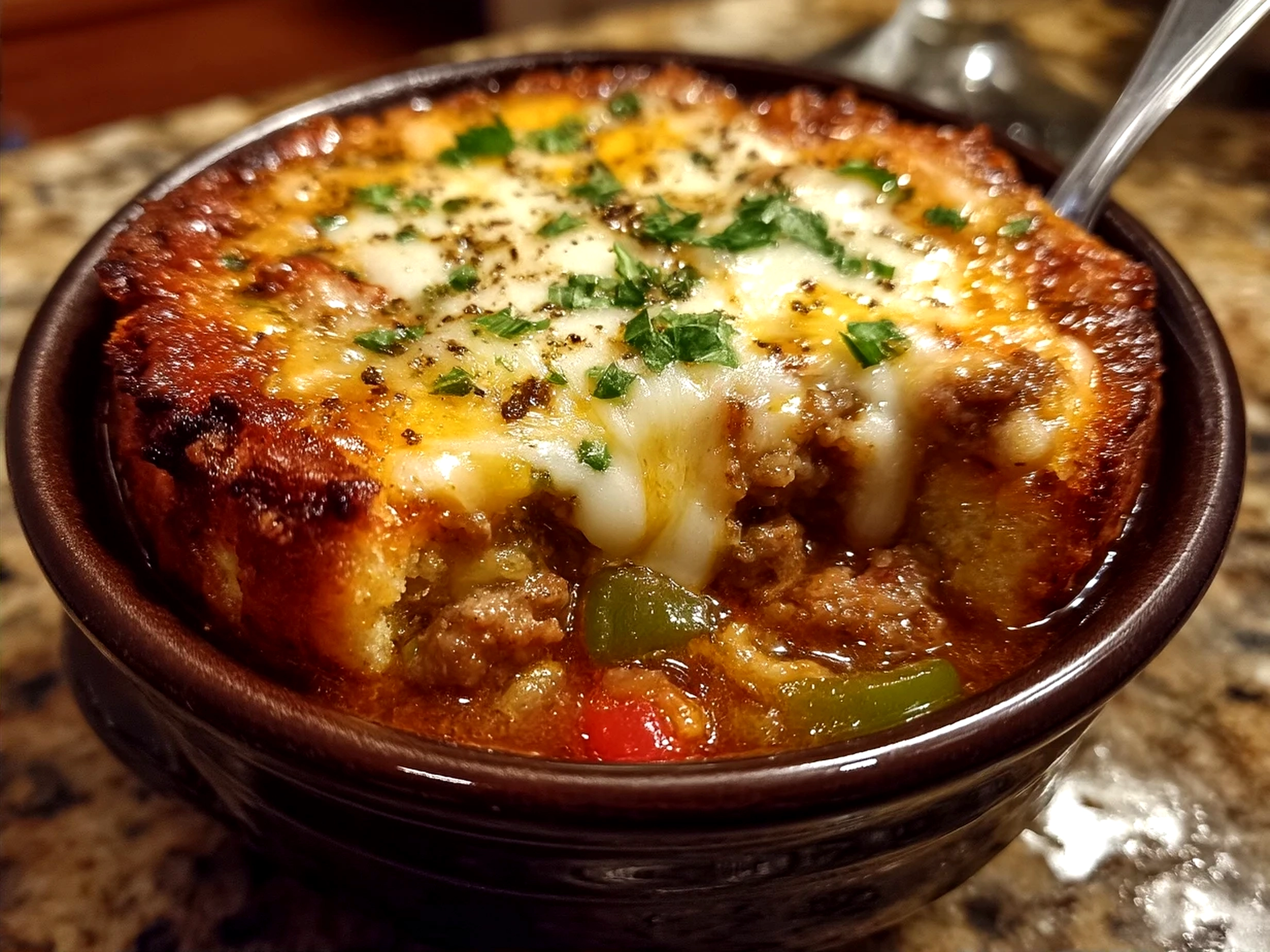A bowl of stuffed pepper soup garnished with shredded cheddar cheese and served with bread rolls on the side.