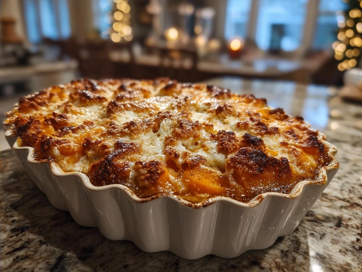 Baked sweet potato casserole topped with pecans and marshmallows in a ceramic dish ready to serve