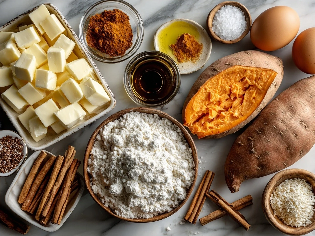 Ingredients for sweet potato casserole on a kitchen counter