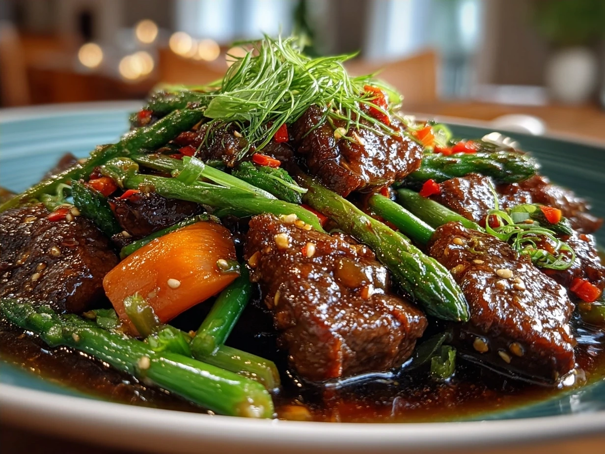 Plated Szechuan Beef served with steamed rice and garnished with green onions