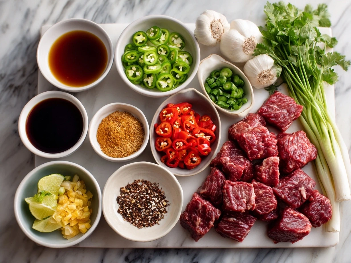 Ingredients for making Szechuan Beef including flank steak, soy sauce, garlic, and spices