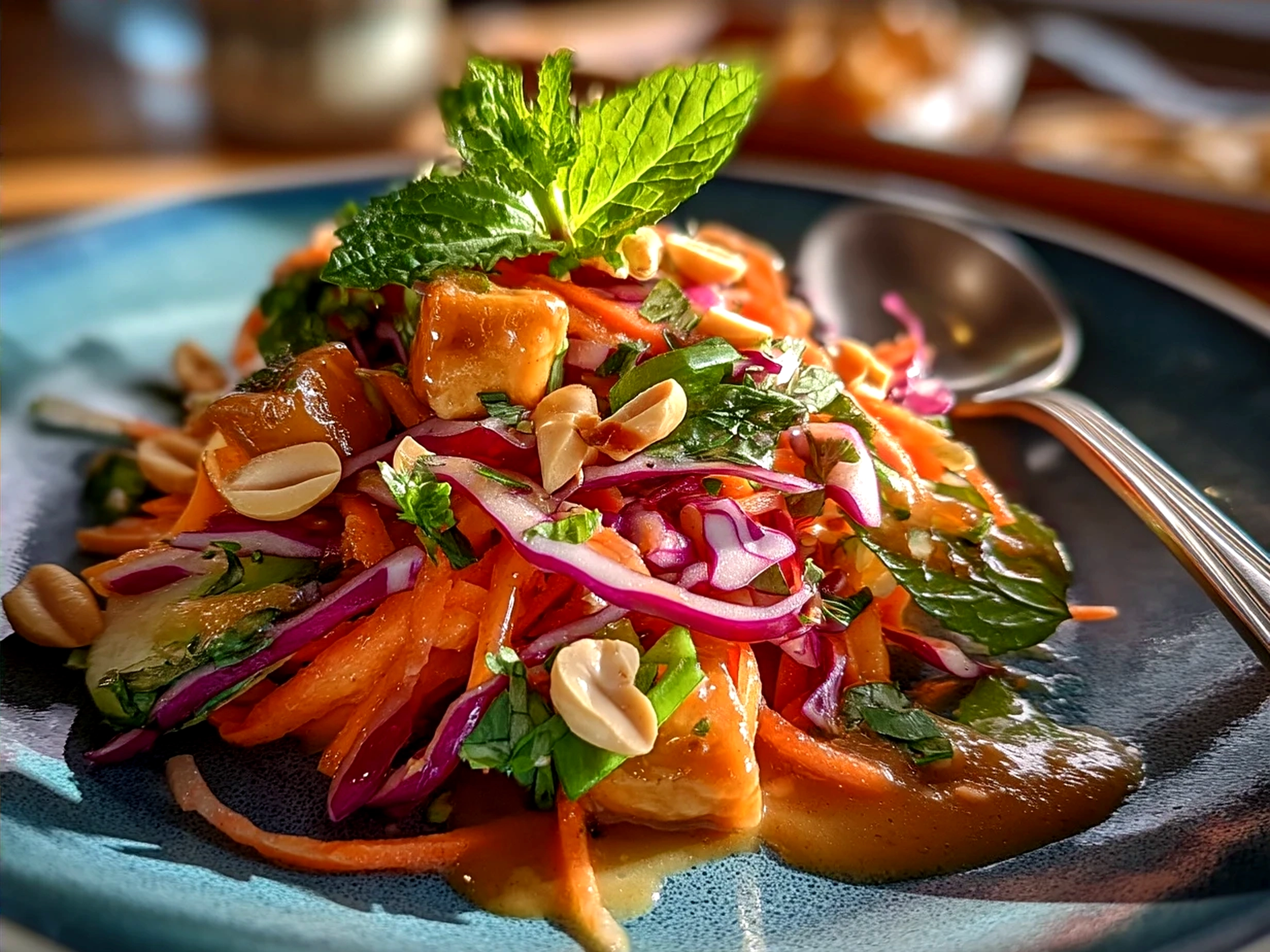 Final serving of Thai Peanut Salad presented in a bowl with chopped peanuts on top