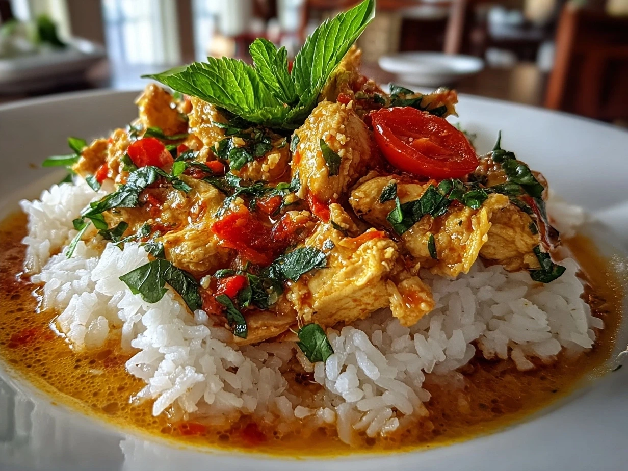 Serving of Thai Red Curry Chicken with fresh basil and rice on the side.