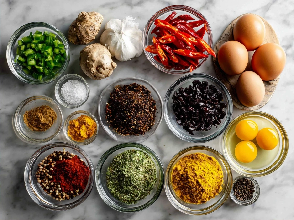 Ingredients for Thai Red Curry Chicken including chicken thighs, curry paste, coconut milk, lemongrass, basil, garlic, onion, bell pepper, and seasonings.