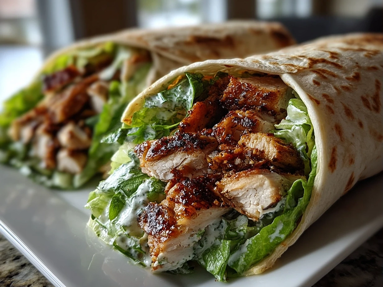 The satisfying final presentation of a homemade Chicken Caesar Wrap, cut in half and served on a plate.