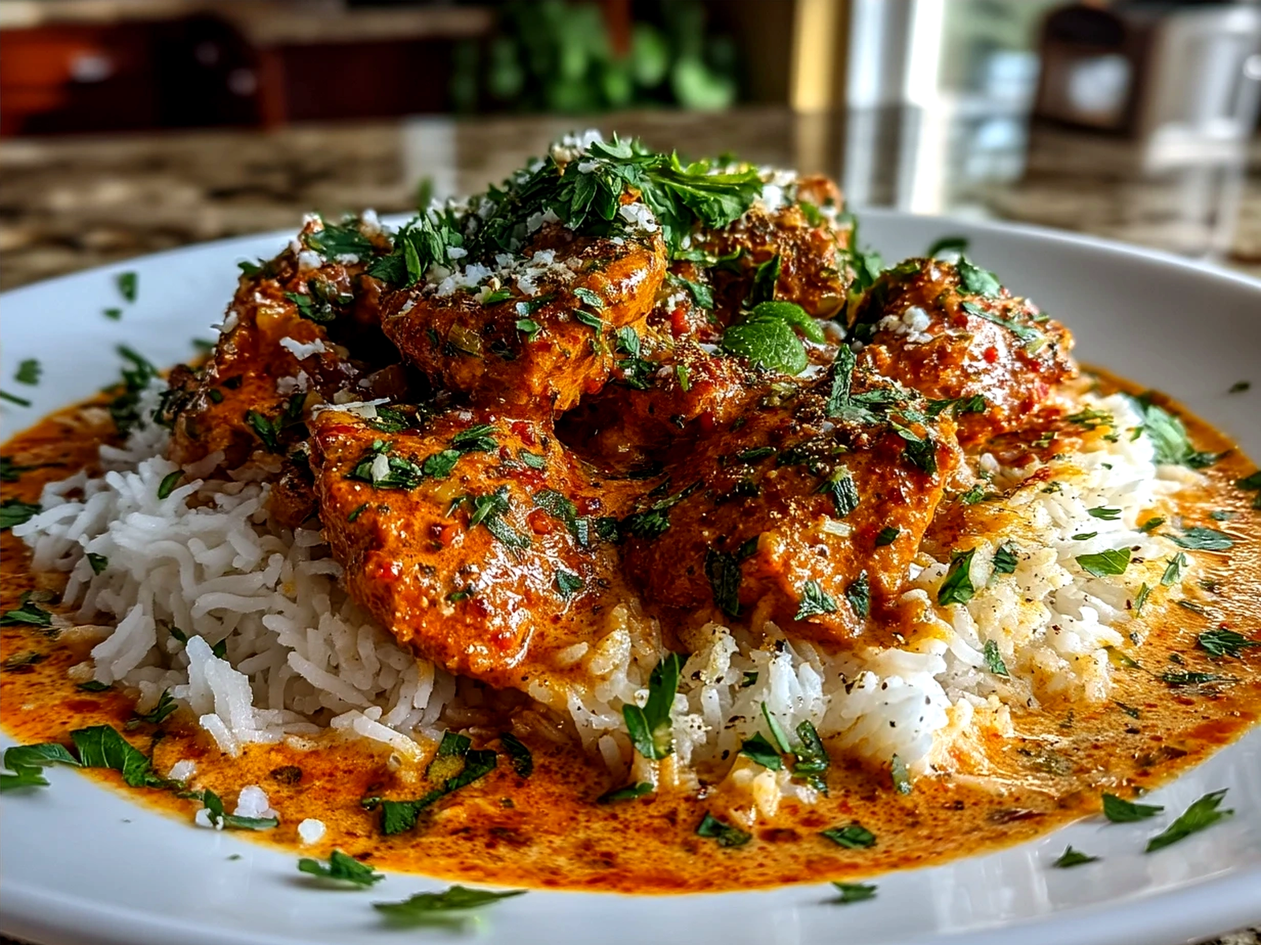 Creamy Tikka Masala Sauce served with basmati rice and naan bread
