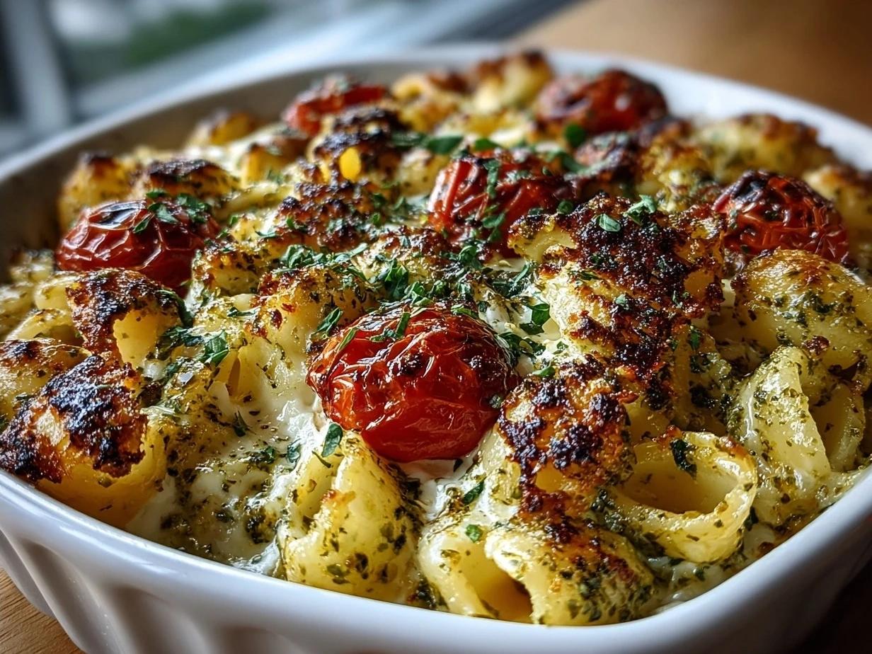 Finished TikTok Baked Feta Pasta with Pesto ready to serve