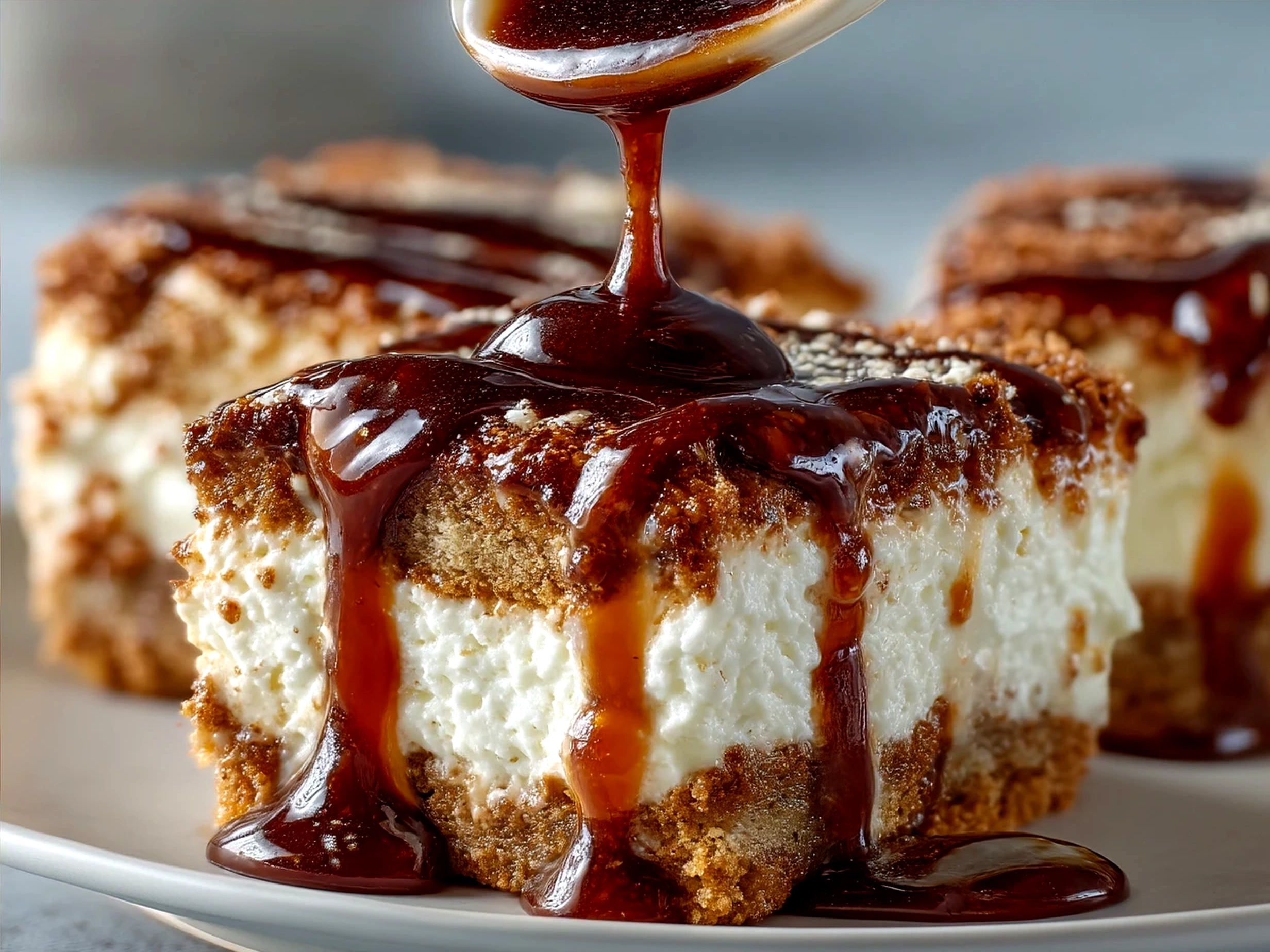 Freshly sliced Tiramisu Bars dusted with cocoa powder served on a plate