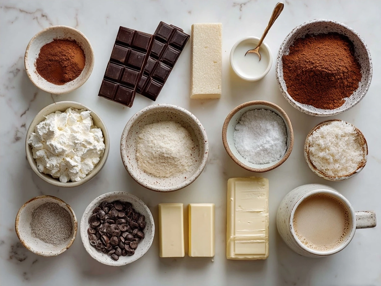Ingredients for making classic Tiramisu Bars, including ladyfingers, mascarpone, coffee, and cocoa powder