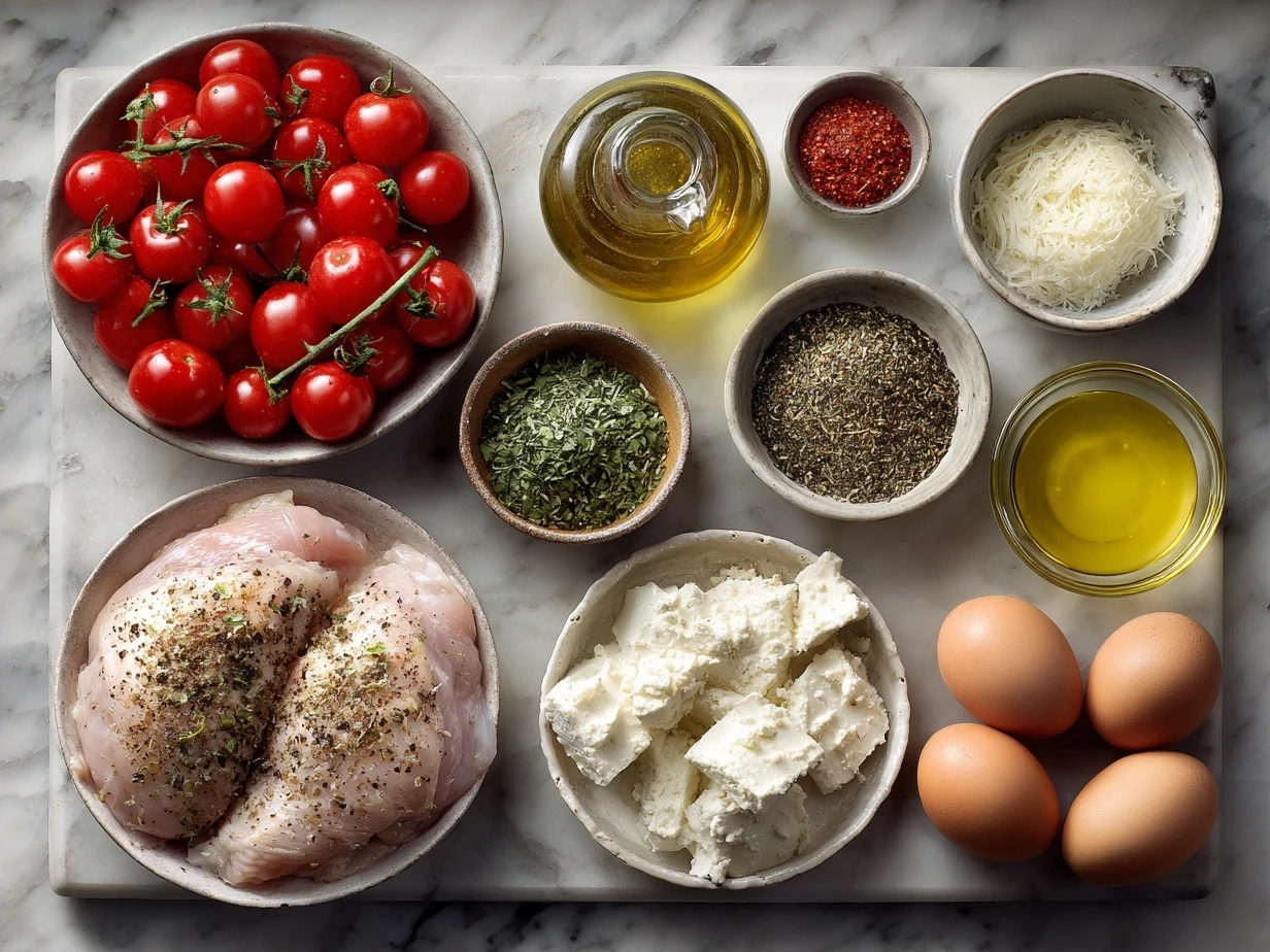 Ingredients for Tomato Basil Baked Chicken including chicken breasts, cherry tomatoes, fresh basil, garlic, olive oil, herbs, and cheeses