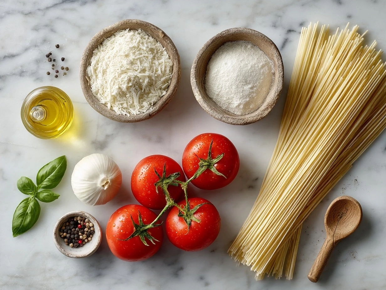 Ingredients for tomato basil noodle soup: fresh tomatoes, onion, garlic, broth, noodles, basil, olive oil, and seasonings