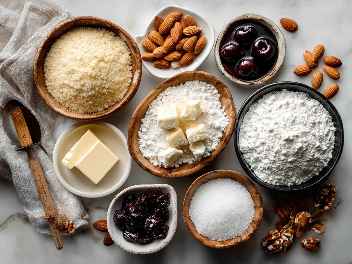 Raw ingredients for almond cherry cookies including flour, sugar, dried cherries, sliced almonds, egg and butter