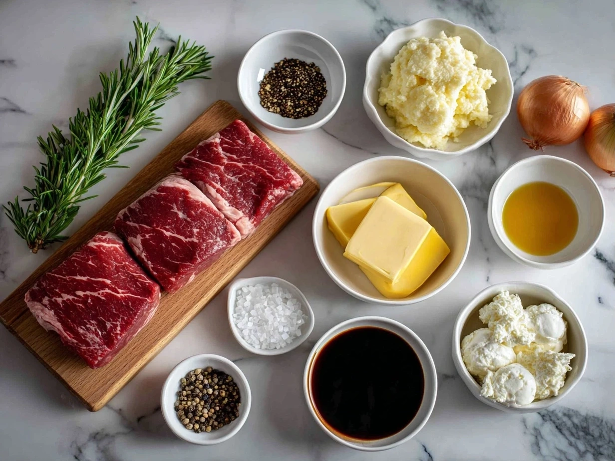 Raw ingredients for Beef Wellington on a marble surface including beef tenderloin, mushrooms, herbs, prosciutto, and puff pastry.