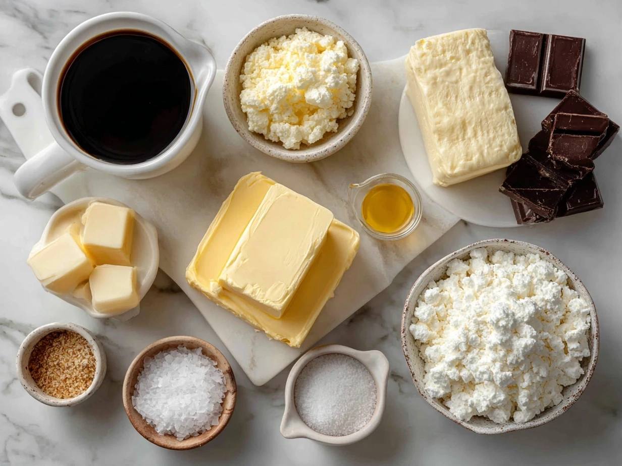 Top-down view of raw ingredients for cheese fondue on marble surface