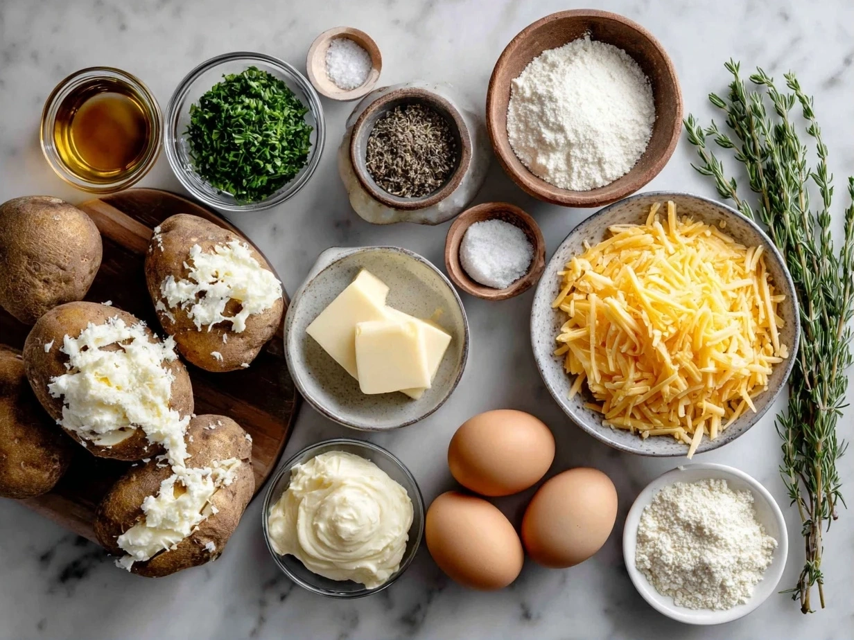 Raw ingredients for cheesy potato skins including potatoes, shredded cheese, bacon, and sour cream