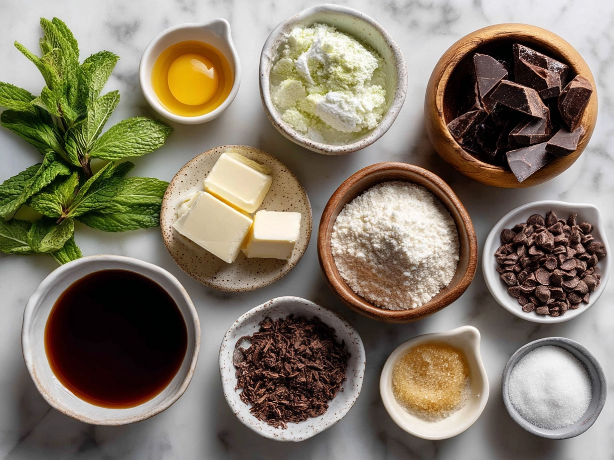 Top down raw ingredients for chocolate mint crinkles on marble, modern kitchen organized mise en place
