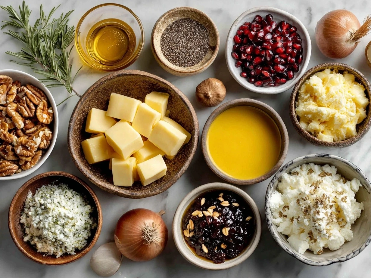 Ingredients for Christmas Salad with Honey Mustard Dressing on marble surface