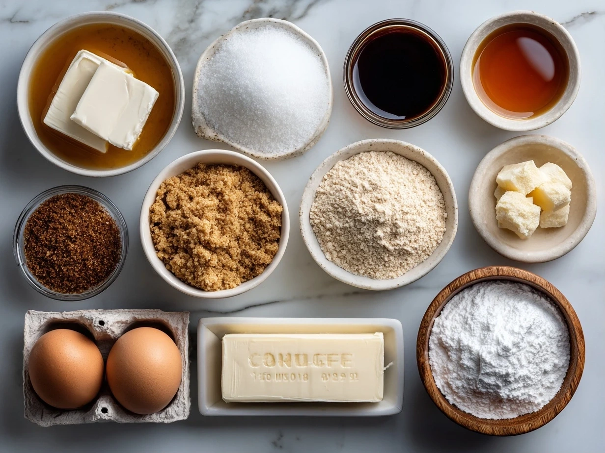 Top down view of raw ingredients for homemade graham crackers on a marble surface