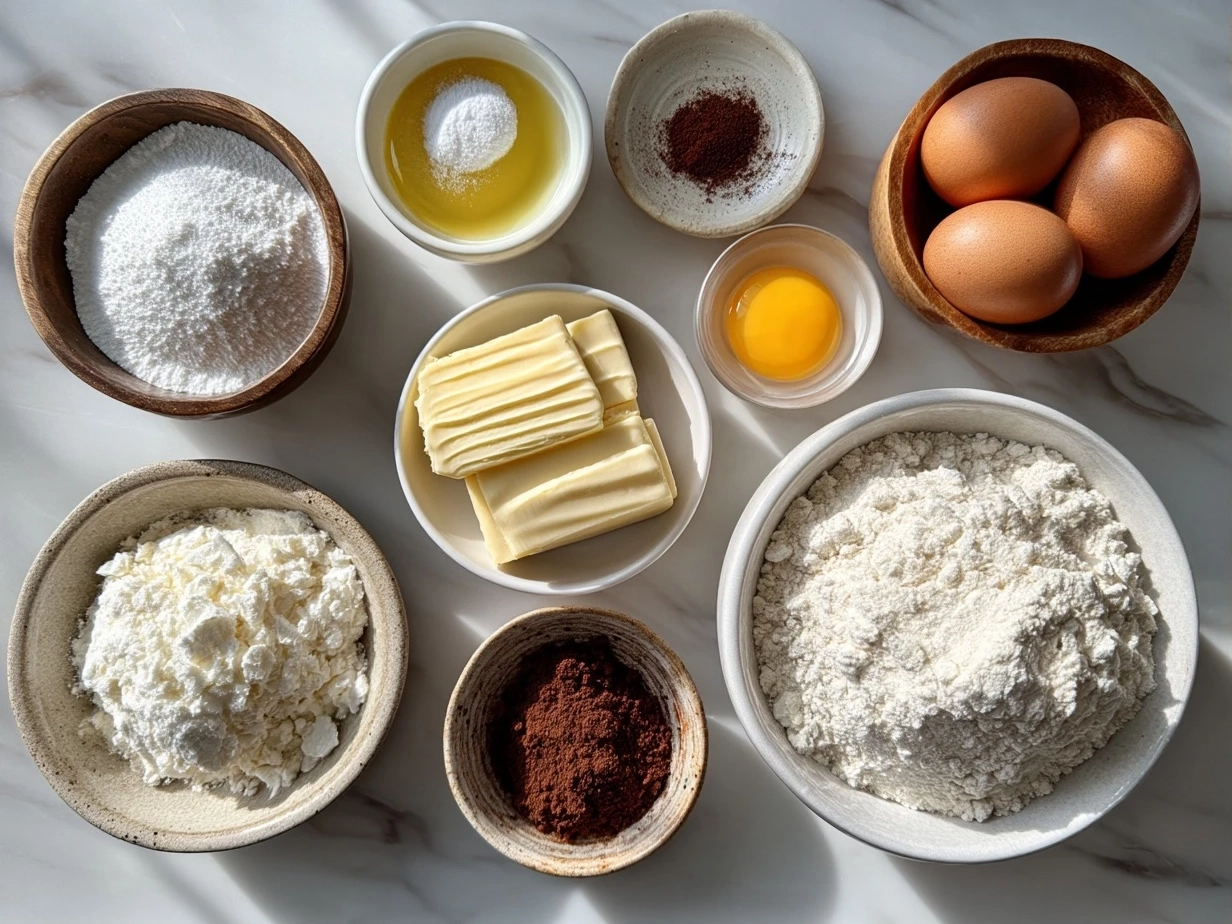 Top-down view of raw ingredients for Japanese Milk Bread Rolls laid out on marble surface