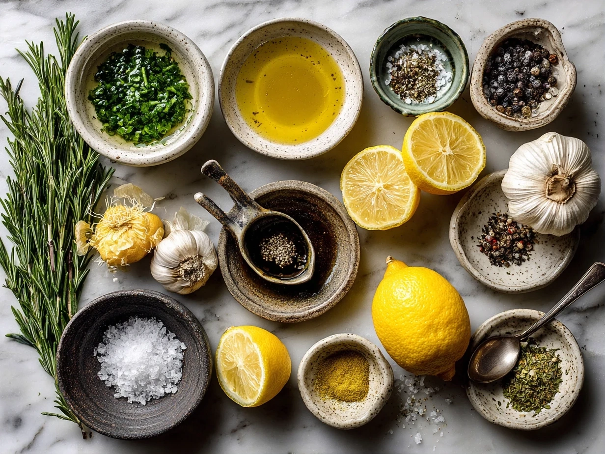 Top down view of raw ingredients for Lemon Vinaigrette Dressing including lemons, olive oil, garlic, mustard, and herbs