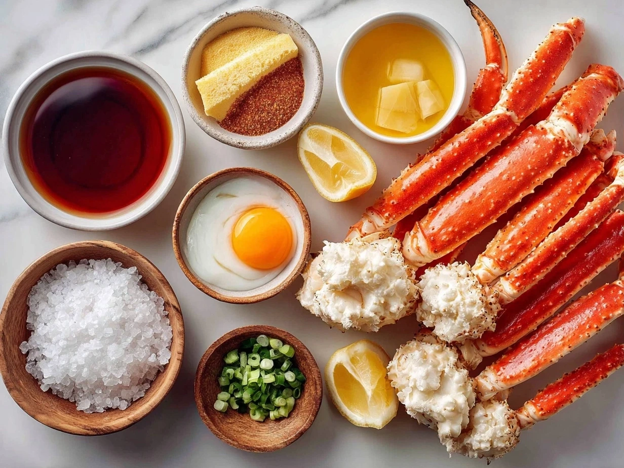 Ingredients for Oven Baked Snow Crab Legs laid out on a kitchen surface
