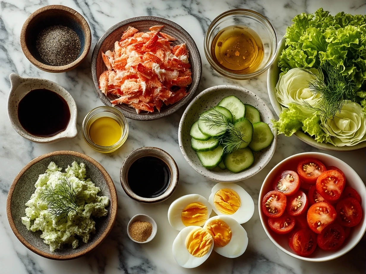 Top down view of raw ingredients for Paleo Crab Louie salad on marble surface