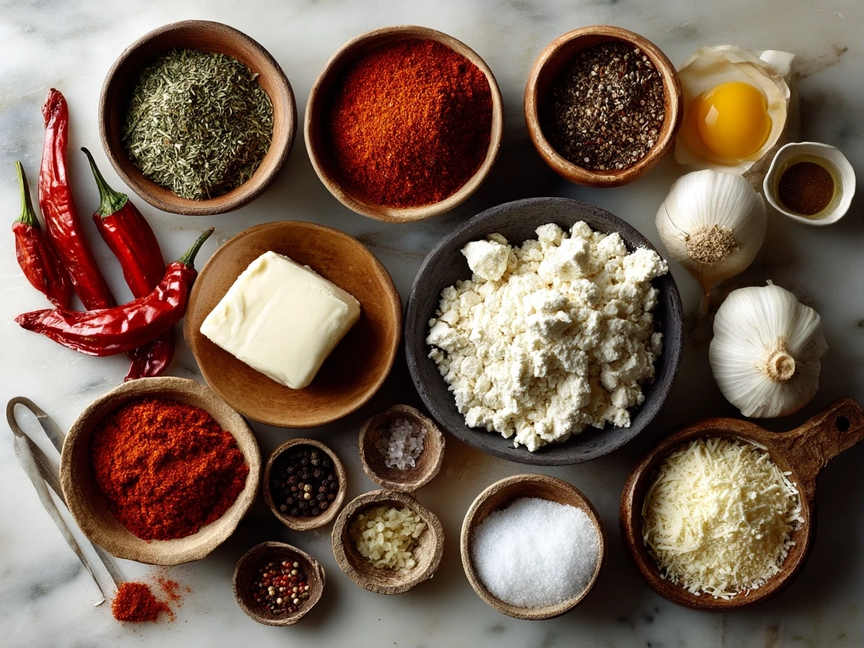 Top-down view of raw ingredients for roasted red pepper gouda soup on marble, organized mise en place in a modern kitchen