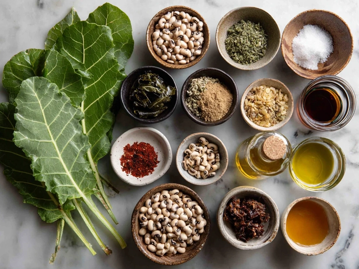 Top down view of raw ingredients for Southern Black-Eyed Peas with Collard Greens