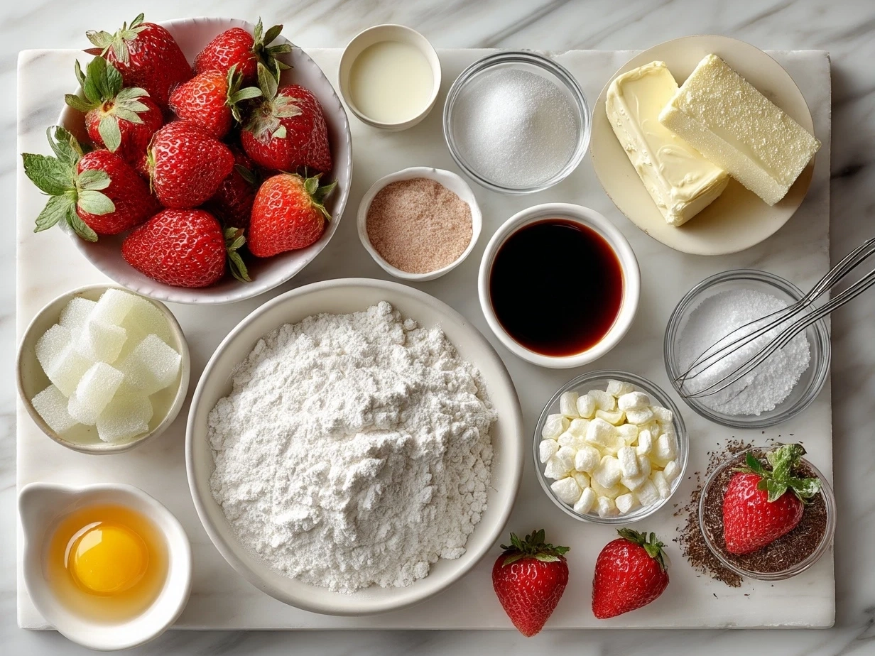Ingredients laid out for making Strawberry Cool Whip Candy including cream cheese, Cool Whip, strawberry Jell-O, powdered sugar, vanilla extract, and fresh strawberries
