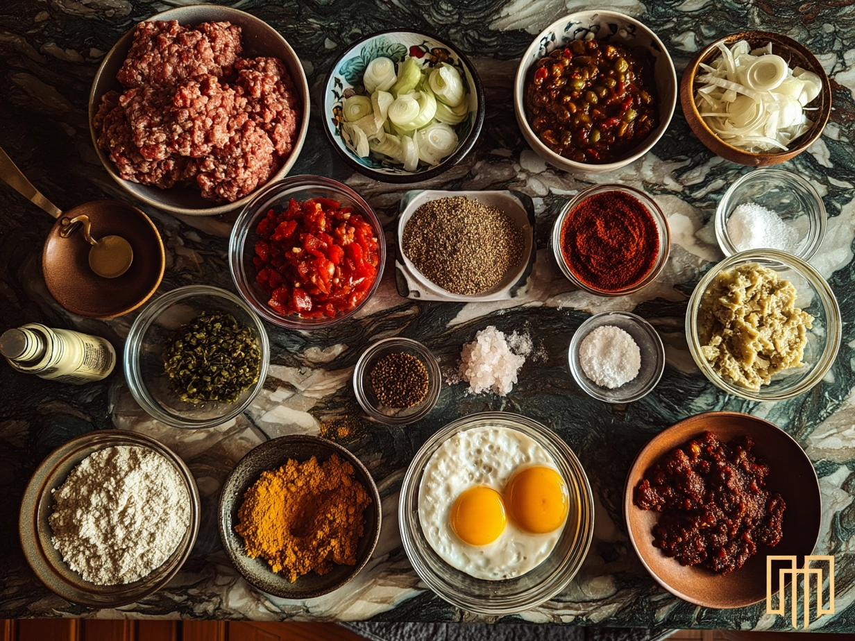 Top-down view of raw ingredients for Turkey Burger Chili on a marble counter including ground turkey, beans, tomatoes, onion, and spices