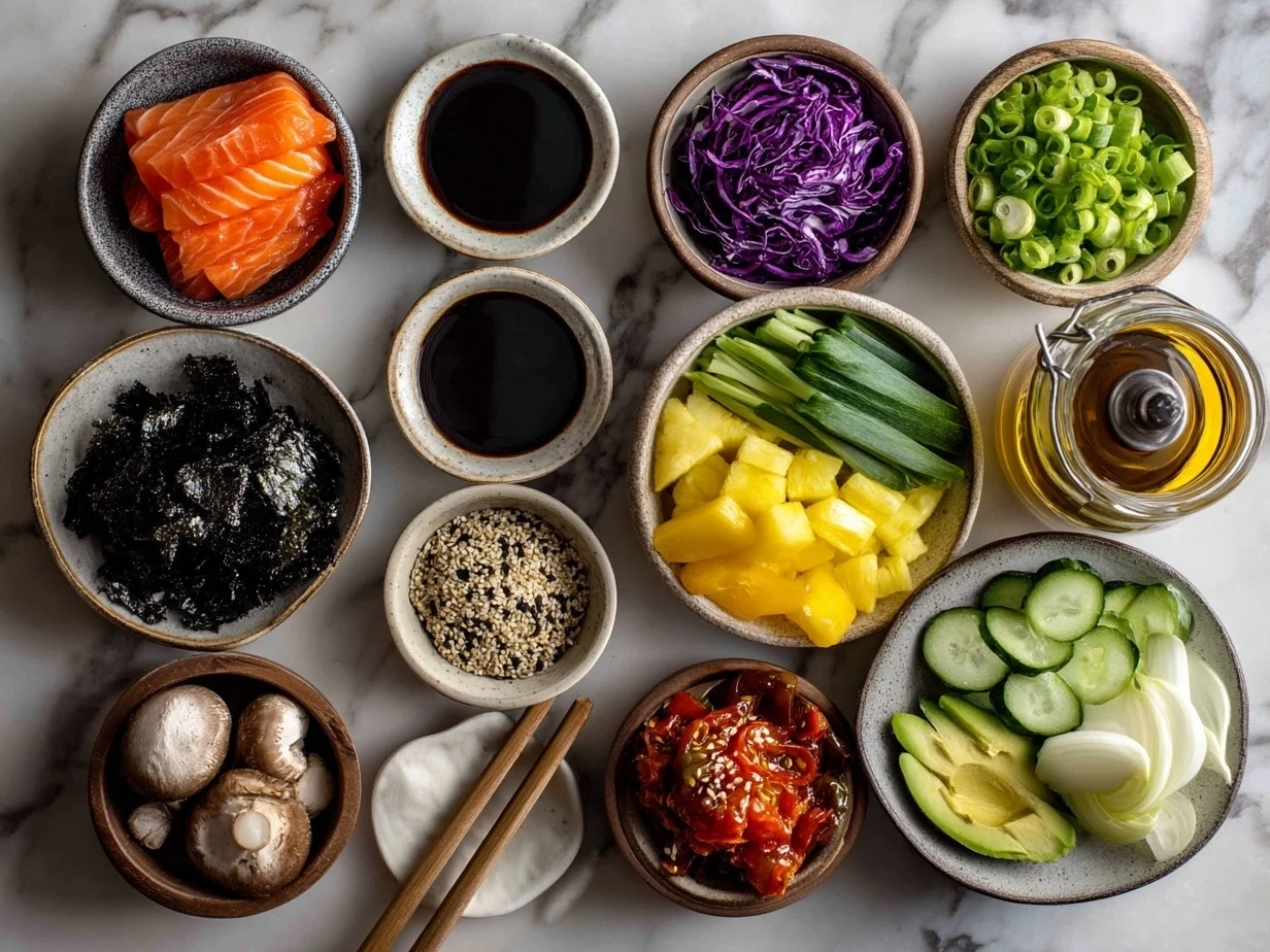 Top down view of raw ingredients for vegan poke bowl on marble countertop, modern kitchen organized mise en place
