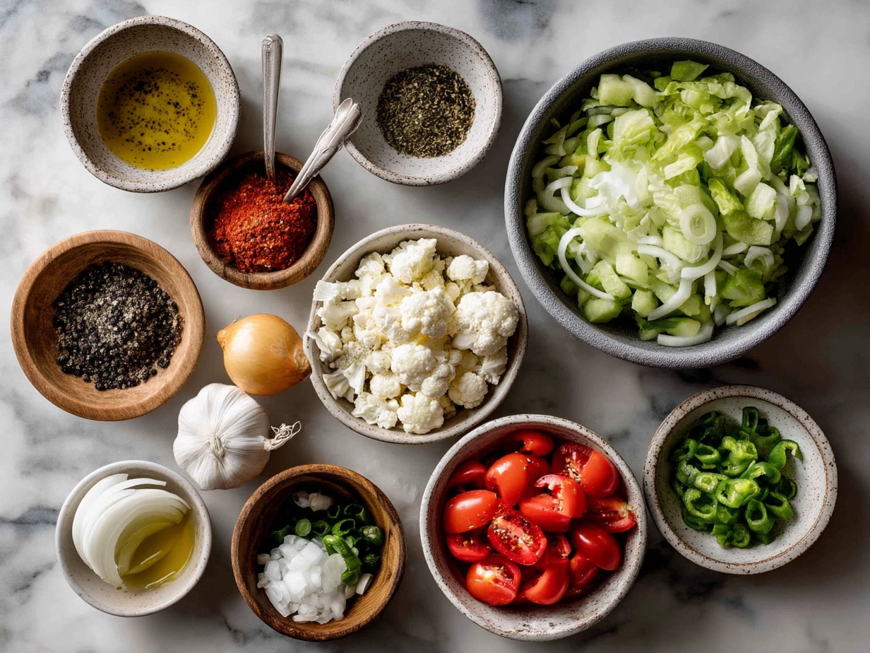Top down view of raw ingredients for veggie wrap on marble surface