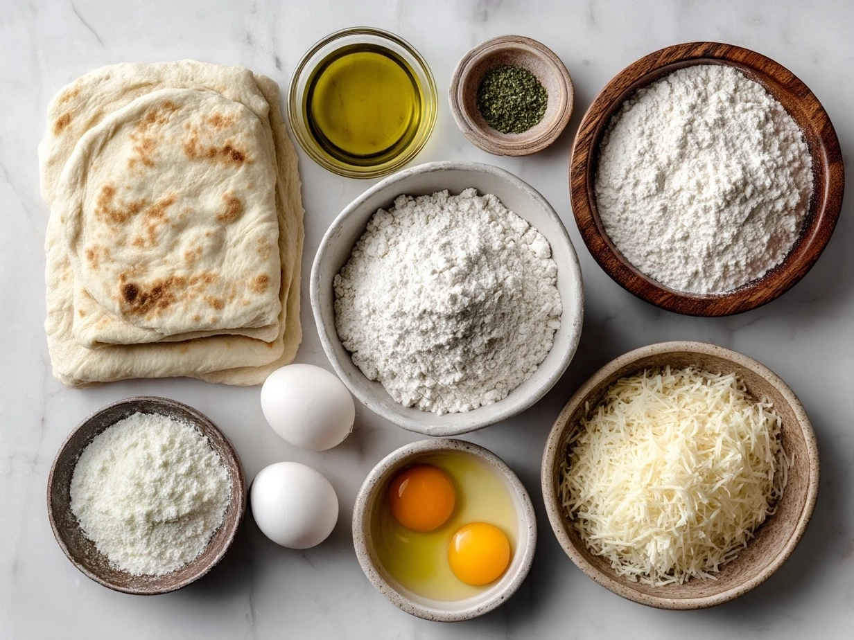 Ingredients for making Touchdown Calzones: flour, yeast, cheeses, sausage, mushrooms, roasted red peppers, marinara sauce, egg, and olive oil